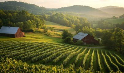 Dawn Over Rolling Hills with Neat Rows of Crops, Rustic Barns, Lush Greenery, Tranquil Rural Scene, Generative AI