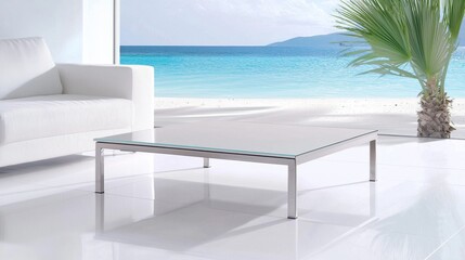 Fototapeta premium Living room Minimalist Furniture Low profile coffee table with a metal frame and glass top, minimalist living room setting