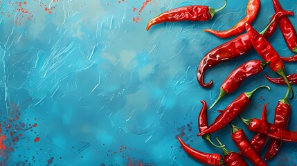 Painting of red peppers arranged on a blue background. 