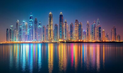 Fototapeta premium Vibrant Urban Skyline at Dusk with Illuminated Skyscrapers and City Lights Reflecting Dynamic City Living, Generative AI