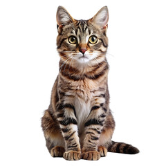 Cat with stripes on its body is sitting on a white background