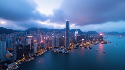 Dramatic aerial view of a modern cityscape at twilight with illuminated skyscrapers and a harbor. urban architecture and lifestyle