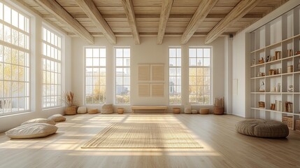 Bright airy loft interior with minimalistic design and natural light. Generative AI