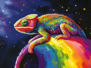 chameleon on rainbow, starry night, vibrant colors, fantasy creature