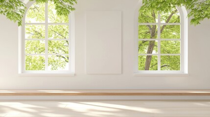 Fototapeta premium Minimalist Classroom Setup Bright and airy minimalist classroom with large windows and minimal furniture.