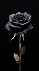 Elegant black rose with dark leaves on display.