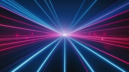 Abstract neon light beams converging into a vanishing point in a dynamic composition. Futuristic design and technology concept.