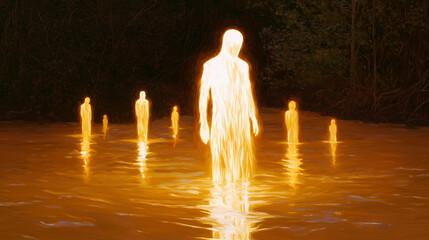 Glowing Humanoid Forms in a Dark Landscape