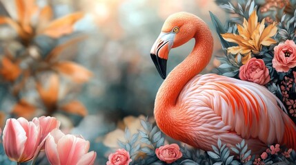 Fototapeta premium Flamingo in Soft Pastel Colors with Floral Accents. Generative AI