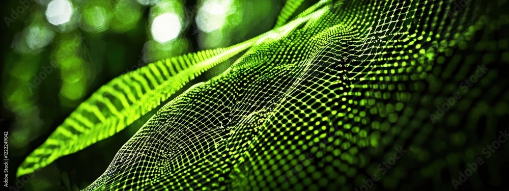 Poster intricate patterns of green leaves with web-like texture in a vibrant natural environment