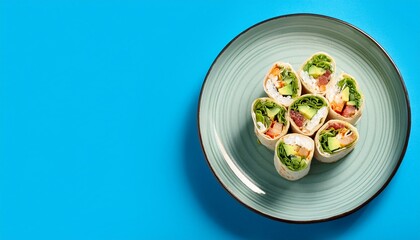 Japanese food wrapped sushi burrito on blue background