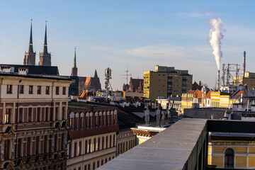 Fototapeta premium Panorama of the city of Wroclaw on the roofs of houses. Poland