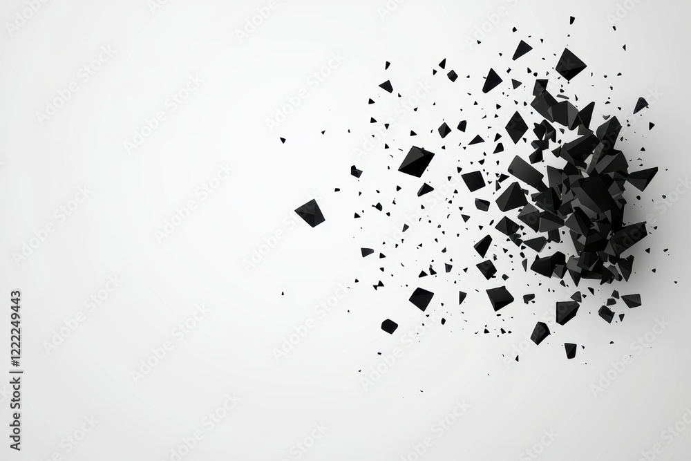 Poster dynamic motion of black particles forming fluid, airy shapes on a white background, creating a minim