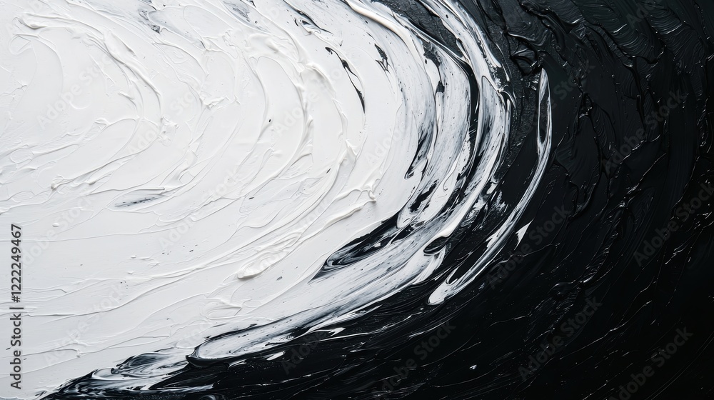 Poster dynamic swirls of black and white paint strokes, forming a bold and textured abstract background wit