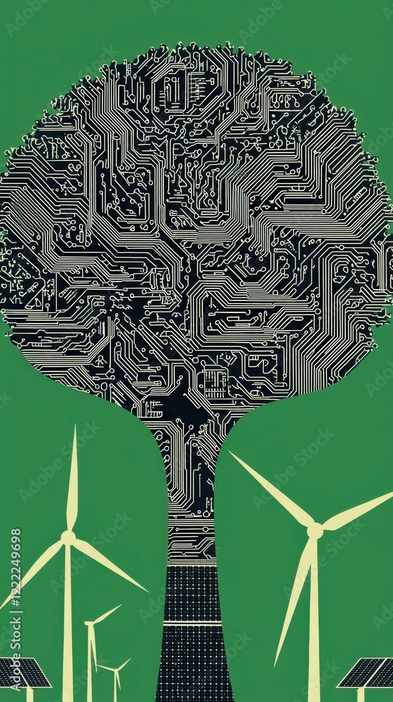 Poster abstract representation of nature and technology with circuit board tree and renewable energy elemen