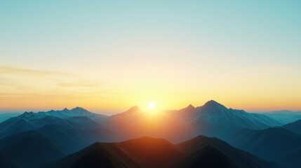 Obraz premium Sunrise casting light over distant mountain ranges with soft blue hues. natural beauty and serenity.