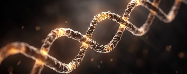 Electrically active synapses with glowing light particles and intertwined DNA structures in a futuristic 3D medical concept design