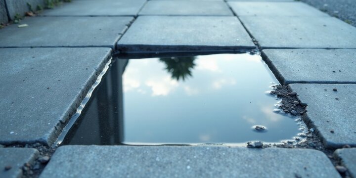 A small puddle reflects a muted sky and vegetation on a paved walkway, a serene moment captured in subtle hues