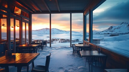 Fototapeta premium Restaurant with big glass windows in north pole 