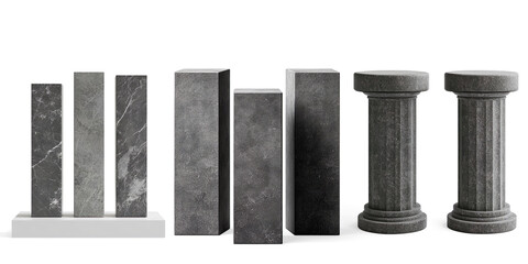 Three Marble and Granite Columns Isolated on a Transparent Background
