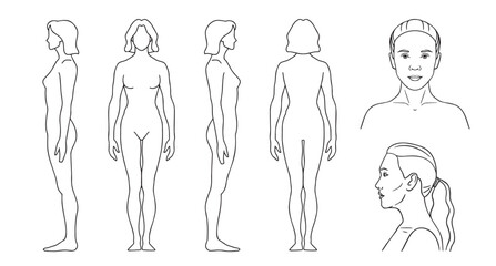 human silhouette woman outline template. vector line figure of a person in front, back, side. 