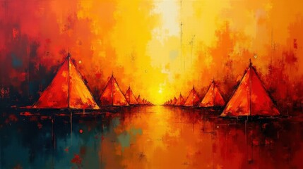 A high-energy composition with fragmented triangular shapes, fiery orange and yellow gradients, and chaotic glowing textures.