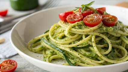 Zucchini noodles tossed with creamy avocado pesto topped with cherry tomatoes on a rustic table
