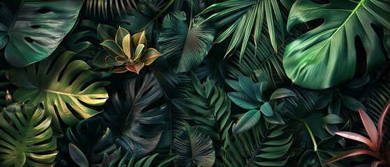 Lush tropical plants wallpaper design featuring a vibrant jungle background with large green leaves and a colorful bird in a serene backyard landscape mural