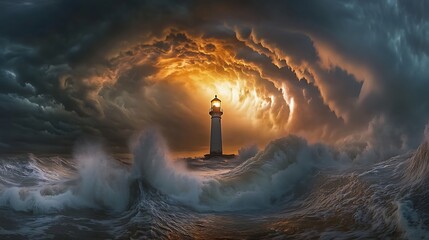 Fototapeta premium Lighthouse Amidst a Stormy Sea: A Beacon of Hope