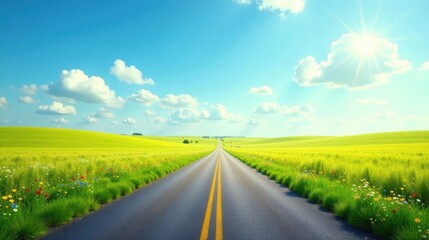 Fototapeta premium Asphalt ribbon unwinding through a vibrant, sun-drenched meadow under a brilliant summer sky
