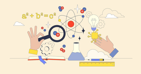 STEM education with hands exploring science and math symbols, magnifying glass, and atom. Neubrutalism hands concept