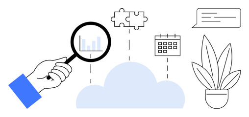 Hand holding magnifying glass over data cloud with puzzle piece, calendar, and chat box above. Potted plant on side. Ideal for data analysis, project management, teamwork, cloud computing, problem