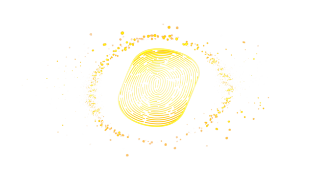 Elegant yellow fingerprint icon centered on a black background, sharp lines and minimalist style to represent secure digital identification - Powered by Adobe