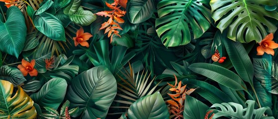 Lush tropical plants wallpaper design featuring a vibrant jungle background with large green leaves and a colorful bird in a serene backyard landscape mural