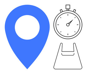 GPS pin in blue, stopwatch, and shopping bag icon in black and white. Ideal for delivery services, navigation apps, time management, online shopping, logistics planning retail marketing. Abstract