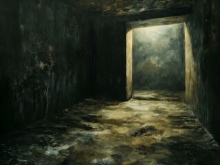 dark and mysterious room in an abandoned building, muted lighting