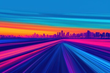 Obraz premium Radiant cityscape with vibrant gradient hues of blue, orange, and red, featuring abstract motion streaks for a futuristic aesthetic