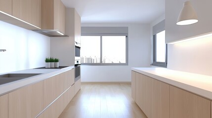 Fototapeta premium Beige and White Kitchen A kitchen with beige cabinets, white countertops, and stainless steel appliances.