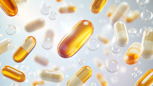 Capsules with oil, gold round and oval pills and filler bubbles isolated on transparent backdrop. Cosmetics, vitamin, omega 3, antibiotic gel, serum droplets, collagen essence, realistic 3d vector set