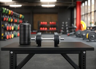 Fototapeta premium A black dumbbell and bottle placed on a table in a modern gym. Blurred colorful equipment in the background creates a professional fitness setting for product presentations, workout branding, or exer