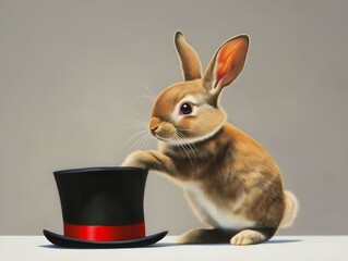 rabbit with top hat, brown fur, spring setting, whimsical style