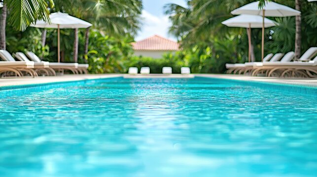 Tropical Pool Scenes A turquoise pool surrounded by palm trees, with lounge chairs and umbrellas.