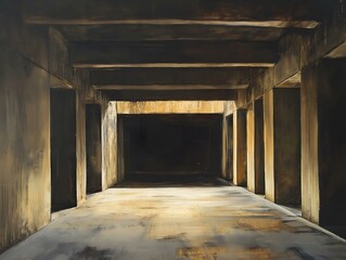 long dark hallway in an abandoned building, perspective and depth of field