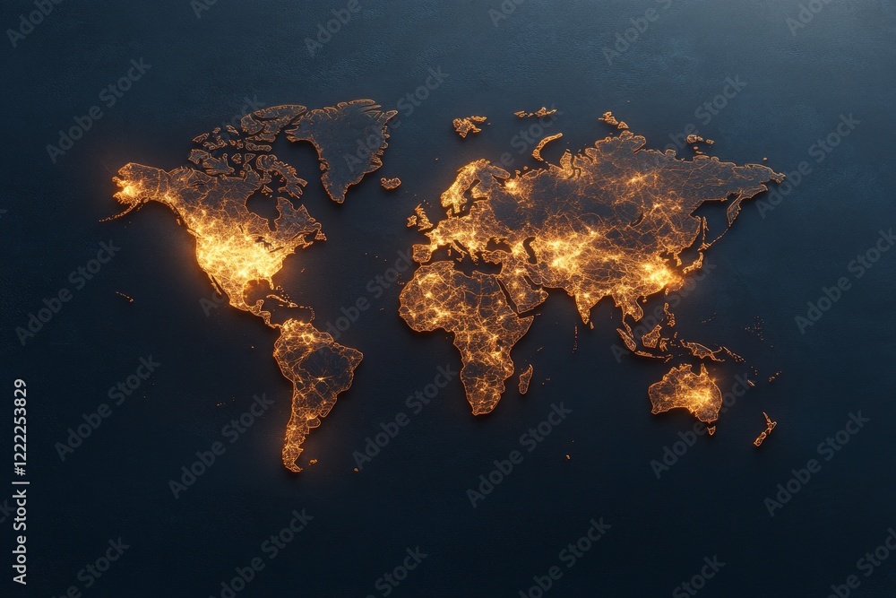Poster analysis and global warming concept. illuminated world map against a dark background.