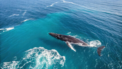 Naklejka premium Whale natural world. World Whale Day Save the Ocean. A majestic whale swimming gracefully in the clear blue ocean waters.