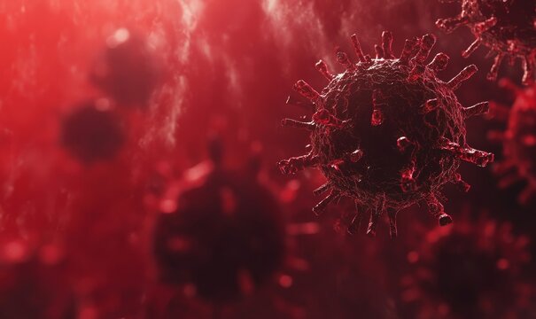 Microscopic View of SARS-CoV-2 Virus Particles with Red Background Highlighting Structure and Elements, Concept of Covid-19 Pandemic and Viral Infections, Generative AI - Powered by Adobe