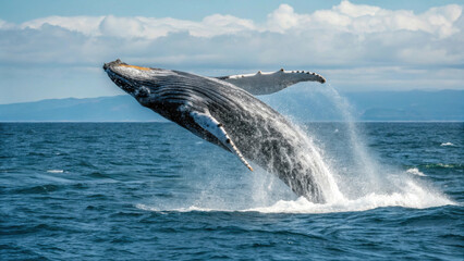 Fototapeta premium Whale natural world. World Whale Day Save the Ocean. A magnificent humpback whale breaching the ocean surface against a scenic backdrop.