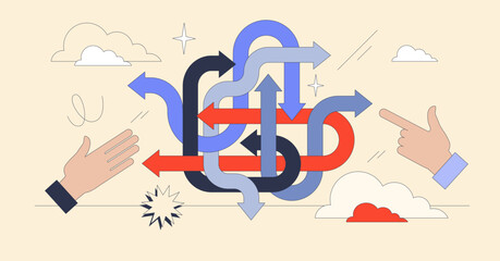 Decision-making involves navigating complex paths with guiding hands and arrows. Neubrutalism hands concept