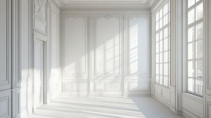 Fototapeta premium White wall with windows in luxury victorian style, empty vintage room interior, background with square and rectangular molding stucco panels. Home in ancient english style Realistic 3d vector mock up