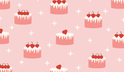 Cute background for Valentine's Day with cake, cherry hearts, wedding decoration, birthday, modern and trendy print for gift wrapping paper, fabric and textiles.